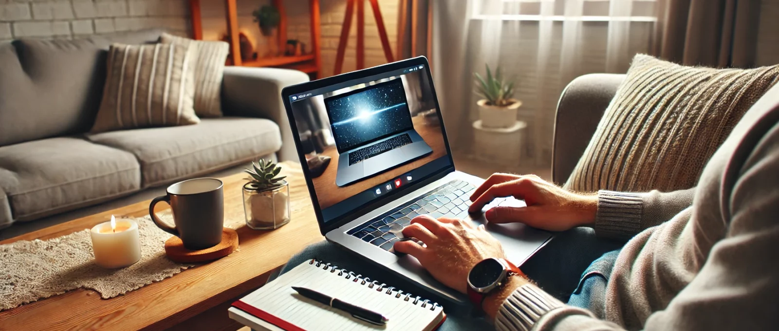 Bir kişi, modern ve rahat bir ev ortamında laptop kullanarak ders çalışıyor