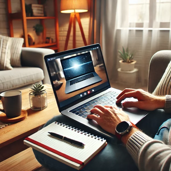 Bir kişi, modern ve rahat bir ev ortamında laptop kullanarak ders çalışıyor