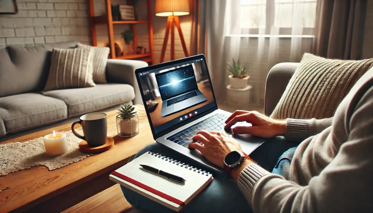 Bir kişi, modern ve rahat bir ev ortamında laptop kullanarak ders çalışıyor