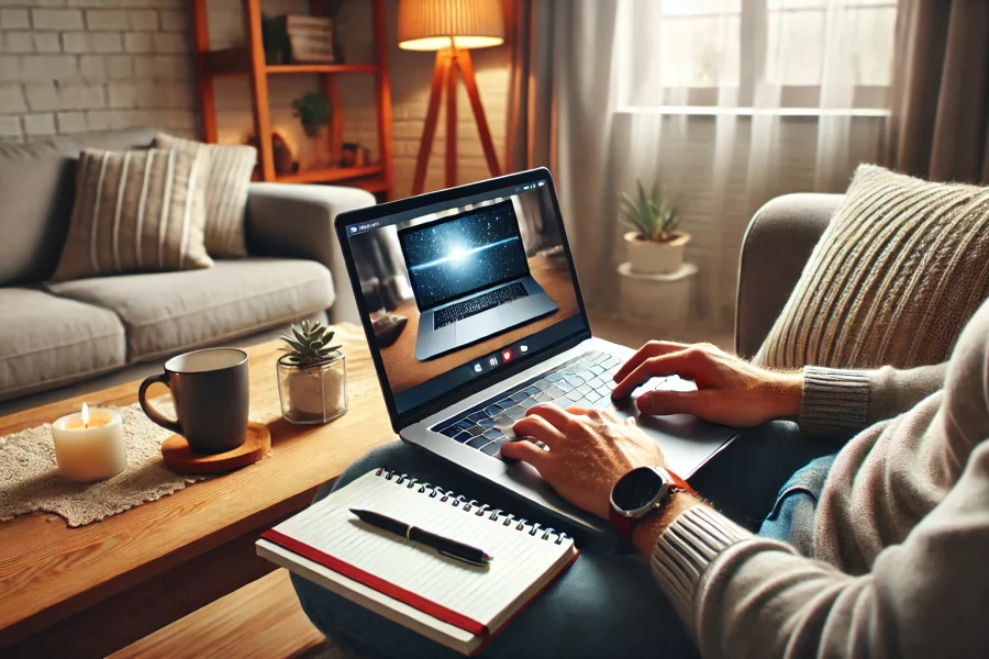 Bir kişi, modern ve rahat bir ev ortamında laptop kullanarak ders çalışıyor