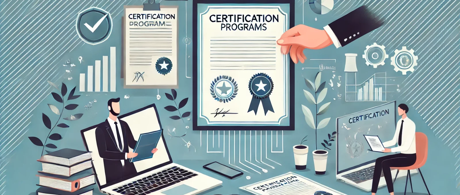Bu görsel, sertifika programlarının kariyer üzerindeki etkisini anlatan bir makalenin kapak görselidir. Görselde, profesyonel bir çalışma ortamı, bir laptop, sertifika belgeleri ve bir kişiye sertifika veren başka bir kişi yer almaktadır. Arka planda ise büyüme ve başarıyı temsil eden soyut bir tasarım bulunmaktadır.