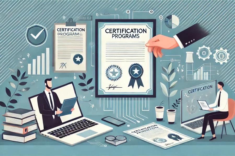Bu görsel, sertifika programlarının kariyer üzerindeki etkisini anlatan bir makalenin kapak görselidir. Görselde, profesyonel bir çalışma ortamı, bir laptop, sertifika belgeleri ve bir kişiye sertifika veren başka bir kişi yer almaktadır. Arka planda ise büyüme ve başarıyı temsil eden soyut bir tasarım bulunmaktadır.