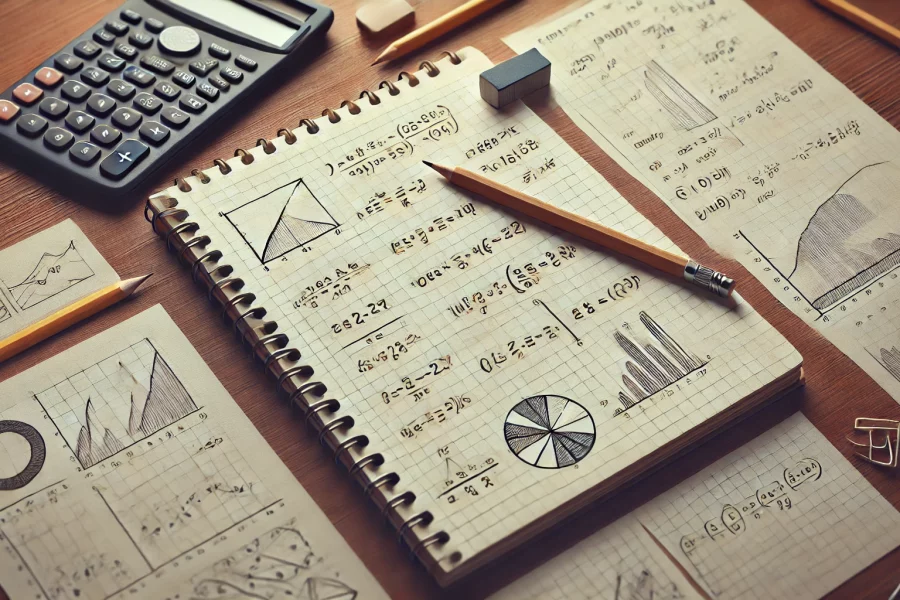 Bir öğrenci, masa başında kitaplar ve dizüstü bilgisayarla birlikte, etrafında soru işaretleri ile soruları çözme sürecini temsil ediyor. Arka plan, sakin ve odaklanmış bir atmosfer yaratmak için hafif mavi ve beyaz renklerde yumuşak bir gradyan içeriyor.