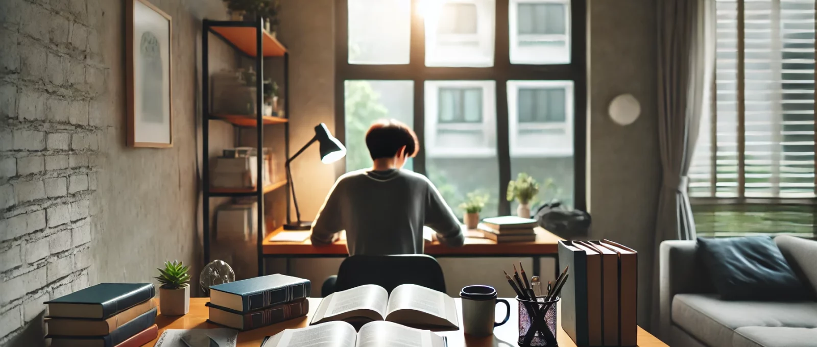 Sakin bir çalışma ortamında, masada oturmuş ve kitaplarla çevrili bir öğrenci, sınavlarına odaklanmış durumda.