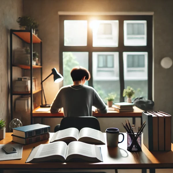 Sakin bir çalışma ortamında, masada oturmuş ve kitaplarla çevrili bir öğrenci, sınavlarına odaklanmış durumda.