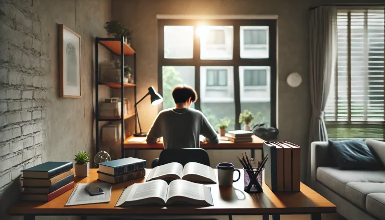 Sakin bir çalışma ortamında, masada oturmuş ve kitaplarla çevrili bir öğrenci, sınavlarına odaklanmış durumda.