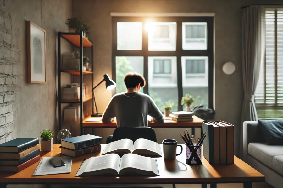 Sakin bir çalışma ortamında, masada oturmuş ve kitaplarla çevrili bir öğrenci, sınavlarına odaklanmış durumda.