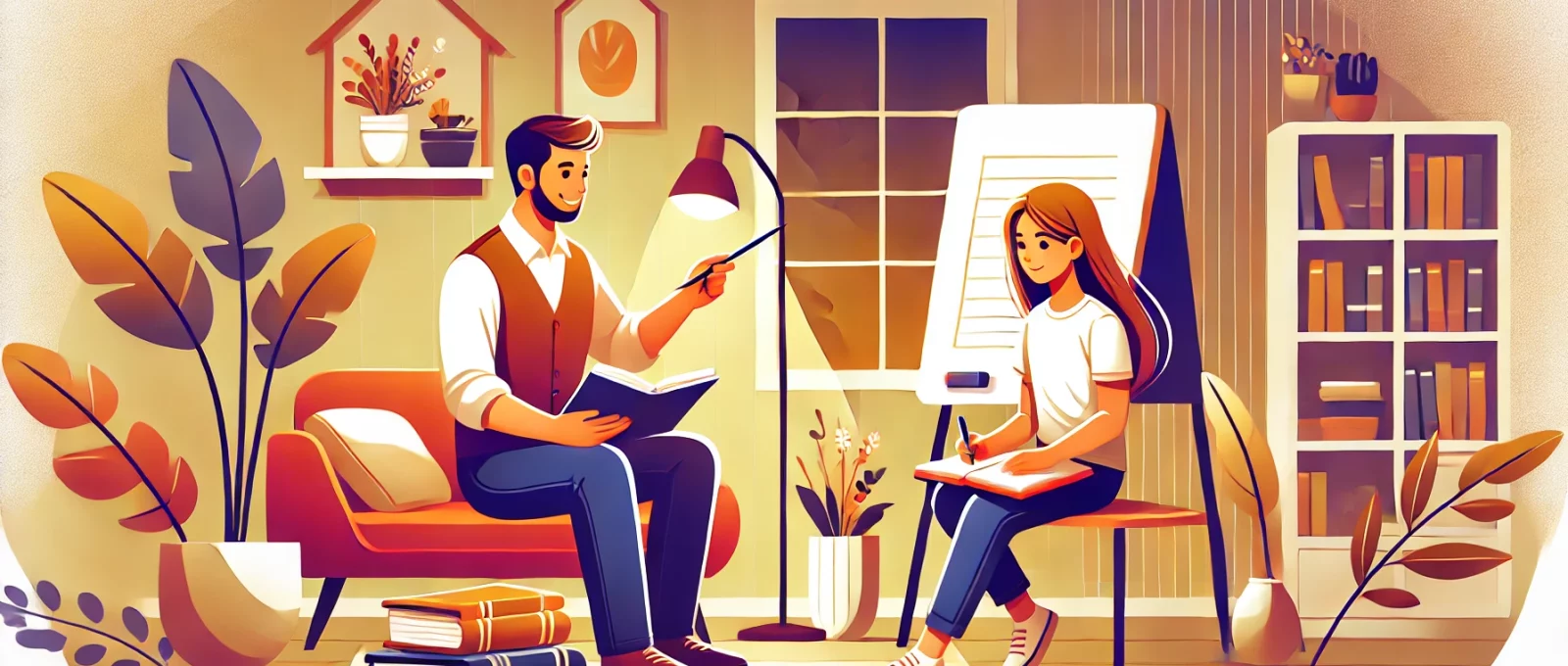 Bu görsel, rahat bir ev ortamında yüz yüze özel ders alan bir öğrenci ve öğretmeni tasvir eder. Öğretmen, beyaz tahtada bir şeyler anlatırken öğrenci not alıyor. Kitaplar ve öğrenme materyalleri etrafa yayılmış durumda. Arka plan, sıcak ve davetkar bir ev ortamı ile yumuşak aydınlatmaya sahip.