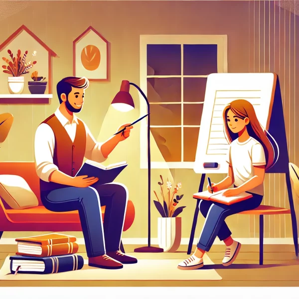 Bu görsel, rahat bir ev ortamında yüz yüze özel ders alan bir öğrenci ve öğretmeni tasvir eder. Öğretmen, beyaz tahtada bir şeyler anlatırken öğrenci not alıyor. Kitaplar ve öğrenme materyalleri etrafa yayılmış durumda. Arka plan, sıcak ve davetkar bir ev ortamı ile yumuşak aydınlatmaya sahip.