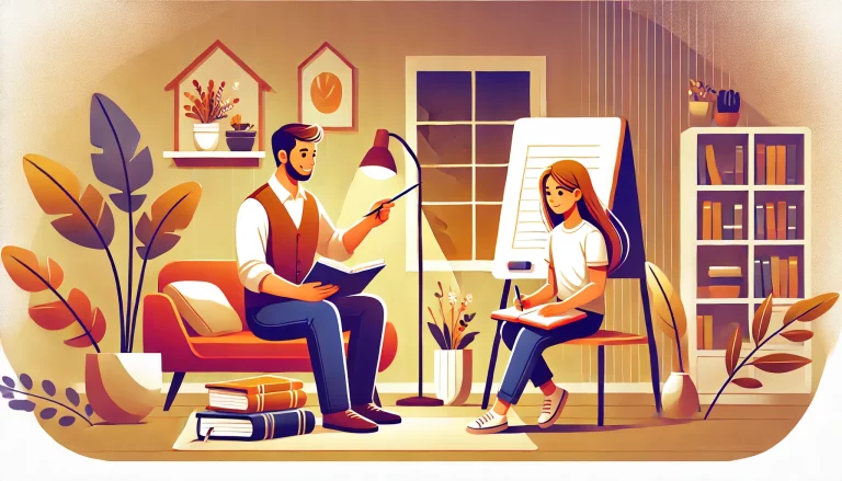 Bu görsel, rahat bir ev ortamında yüz yüze özel ders alan bir öğrenci ve öğretmeni tasvir eder. Öğretmen, beyaz tahtada bir şeyler anlatırken öğrenci not alıyor. Kitaplar ve öğrenme materyalleri etrafa yayılmış durumda. Arka plan, sıcak ve davetkar bir ev ortamı ile yumuşak aydınlatmaya sahip.