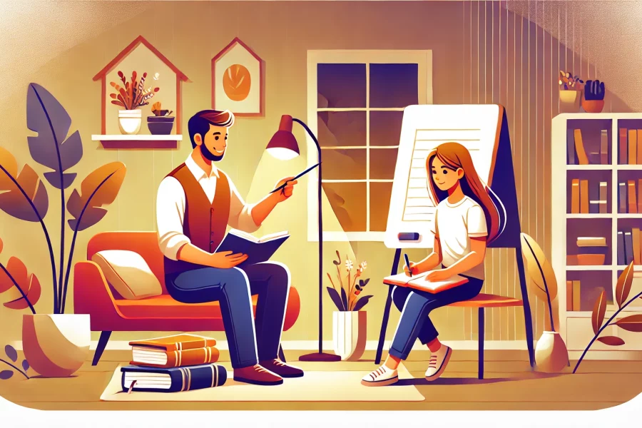 Bu görsel, rahat bir ev ortamında yüz yüze özel ders alan bir öğrenci ve öğretmeni tasvir eder. Öğretmen, beyaz tahtada bir şeyler anlatırken öğrenci not alıyor. Kitaplar ve öğrenme materyalleri etrafa yayılmış durumda. Arka plan, sıcak ve davetkar bir ev ortamı ile yumuşak aydınlatmaya sahip.