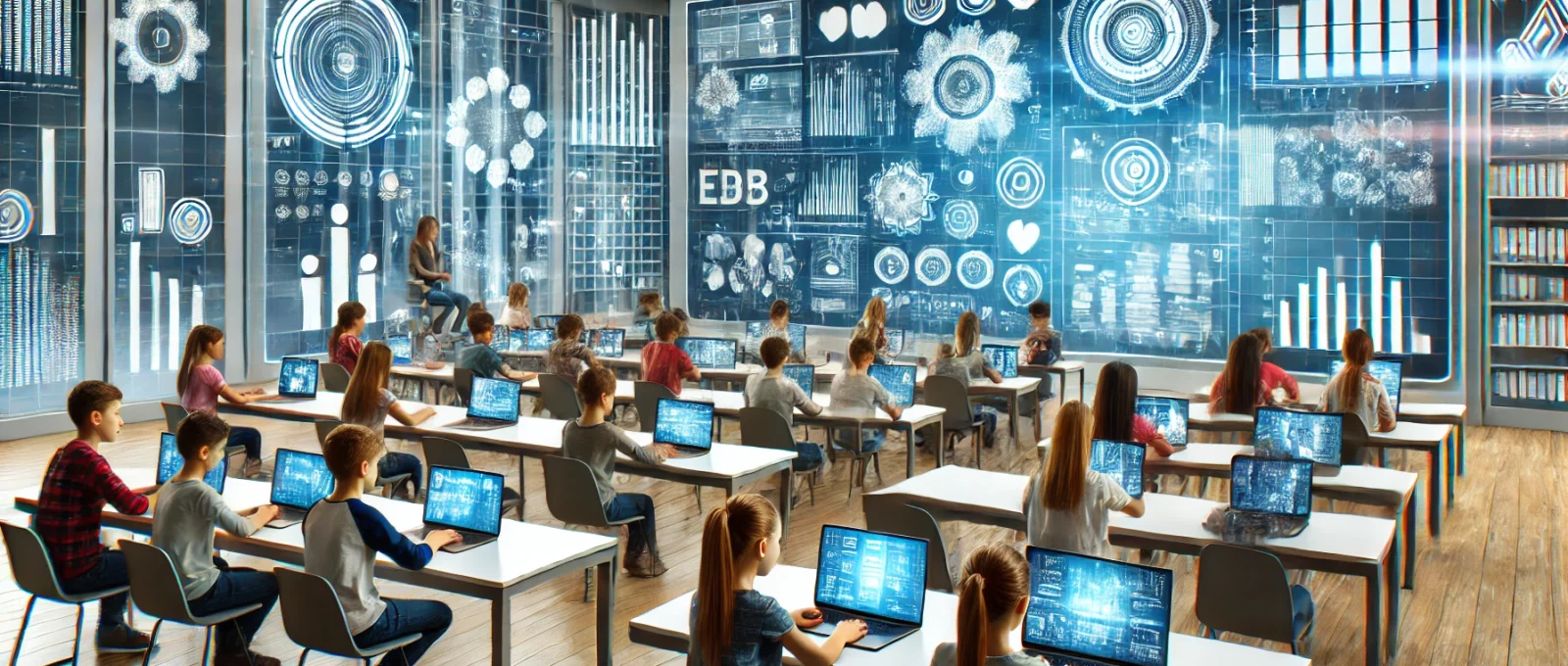 Geleceğin sınıfı, dizüstü bilgisayar ve tablet kullanan öğrencilerle, eğitim içeriklerini gösteren dijital ekranlarla çevrili.