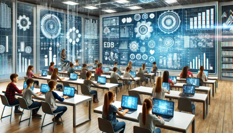 Geleceğin sınıfı, dizüstü bilgisayar ve tablet kullanan öğrencilerle, eğitim içeriklerini gösteren dijital ekranlarla çevrili.