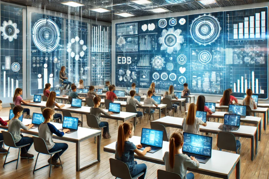 Geleceğin sınıfı, dizüstü bilgisayar ve tablet kullanan öğrencilerle, eğitim içeriklerini gösteren dijital ekranlarla çevrili.