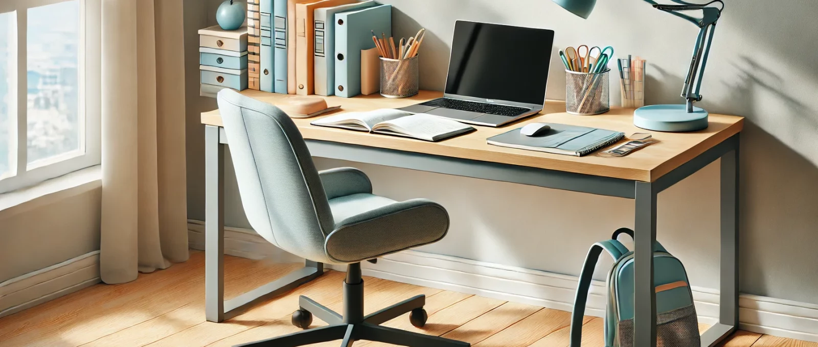 Modern ve düzenli bir çalışma masası, laptop, defterler ve çalışma malzemeleri ile ideal bir öğrenme ortamını temsil eder.