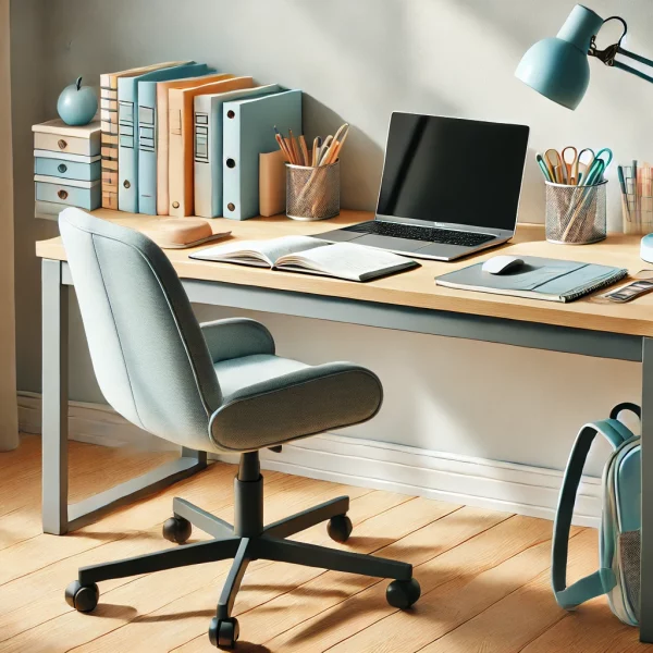 Modern ve düzenli bir çalışma masası, laptop, defterler ve çalışma malzemeleri ile ideal bir öğrenme ortamını temsil eder.