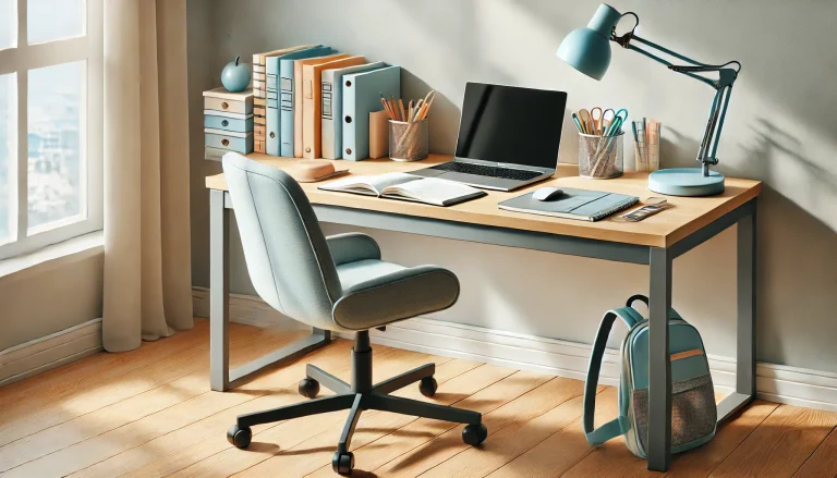 Modern ve düzenli bir çalışma masası, laptop, defterler ve çalışma malzemeleri ile ideal bir öğrenme ortamını temsil eder.