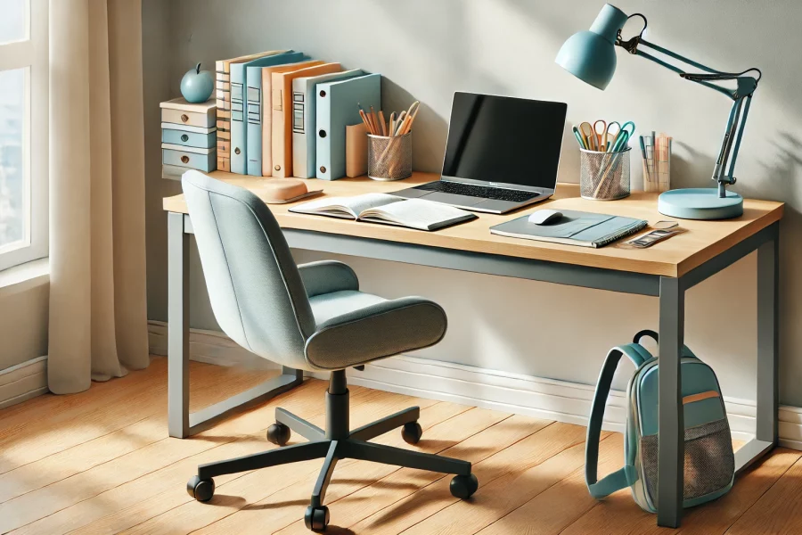 Modern ve düzenli bir çalışma masası, laptop, defterler ve çalışma malzemeleri ile ideal bir öğrenme ortamını temsil eder.