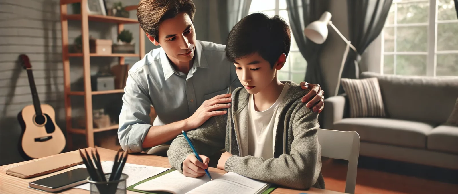 Destekleyici bir ebeveyn, çocuğunun sessiz ve düzenli bir odada ders çalışmasına yardımcı oluyor.