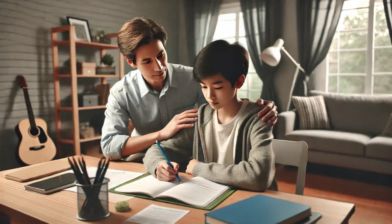 Destekleyici bir ebeveyn, çocuğunun sessiz ve düzenli bir odada ders çalışmasına yardımcı oluyor.