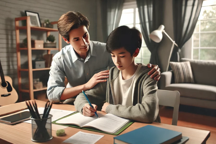 Destekleyici bir ebeveyn, çocuğunun sessiz ve düzenli bir odada ders çalışmasına yardımcı oluyor.