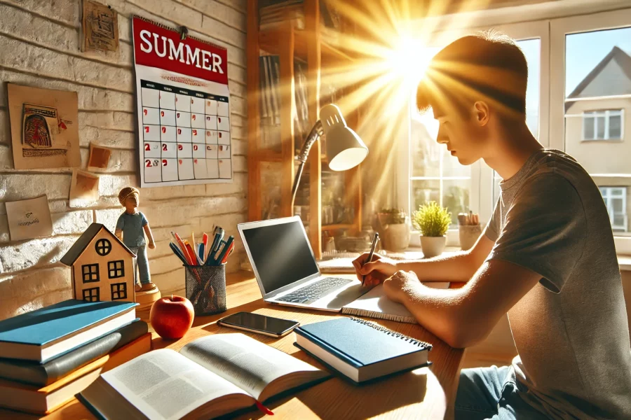 Yaz tatilinde sınavlara hazırlık yapan bir öğrenci.