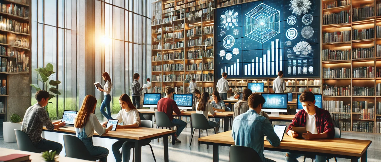 Modern bir kütüphane ortamında tablet ve dizüstü bilgisayarlarla çalışan öğrenciler.