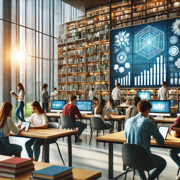 Modern bir kütüphane ortamında tablet ve dizüstü bilgisayarlarla çalışan öğrenciler.