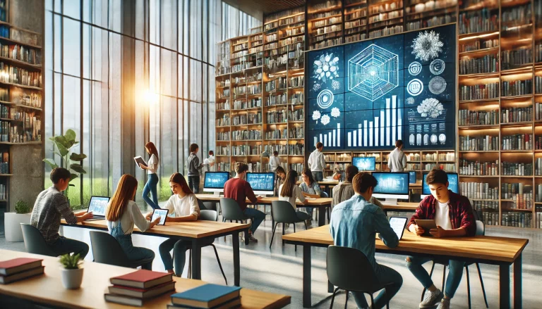 Modern bir kütüphane ortamında tablet ve dizüstü bilgisayarlarla çalışan öğrenciler.