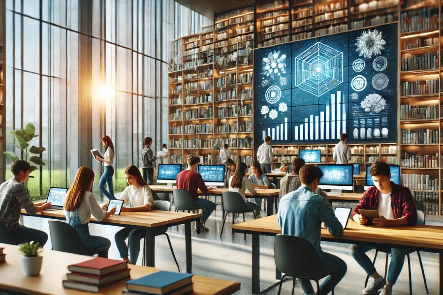 Modern bir kütüphane ortamında tablet ve dizüstü bilgisayarlarla çalışan öğrenciler.